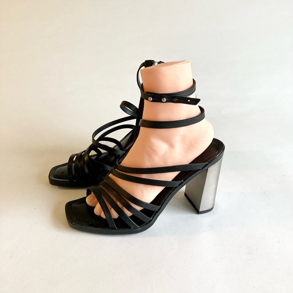 Sarto Franco Sarto Black Leather Silver Heel Ankle Straps Sandals size 7